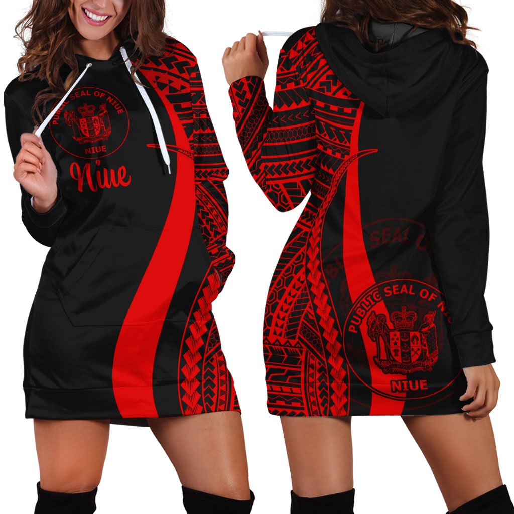 Niue Women's Hoodie Dress - Red Polynesian Tentacle Tribal Pattern Red - Polynesian Pride