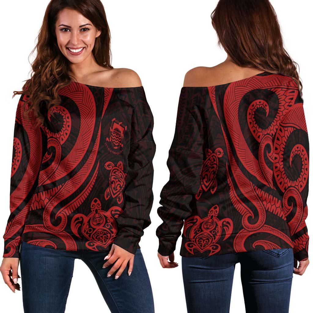 Tuvalu Women's Off Shoulder Sweater - Red Tentacle Turtle Red - Polynesian Pride