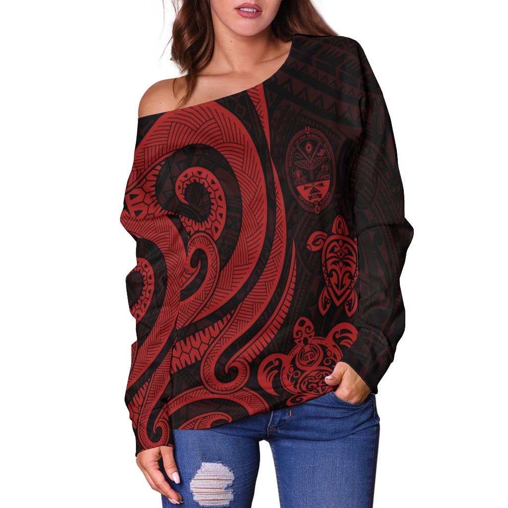 Marshall Islands Women's Off Shoulder Sweater - Red Tentacle Turtle Crest - Polynesian Pride