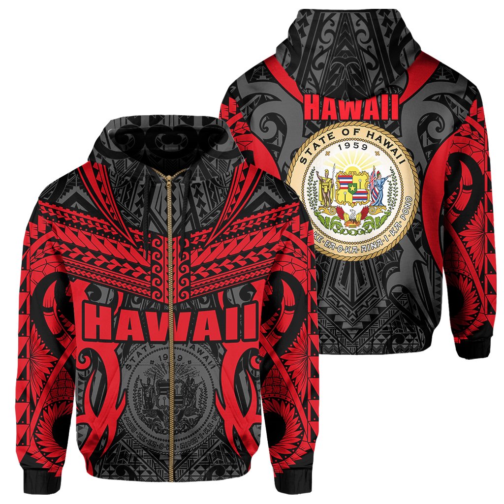 Hawaii Polynesian Tribal Coat of Arms Zipper Hoodie Red Mark Style Unisex Red - Polynesian Pride
