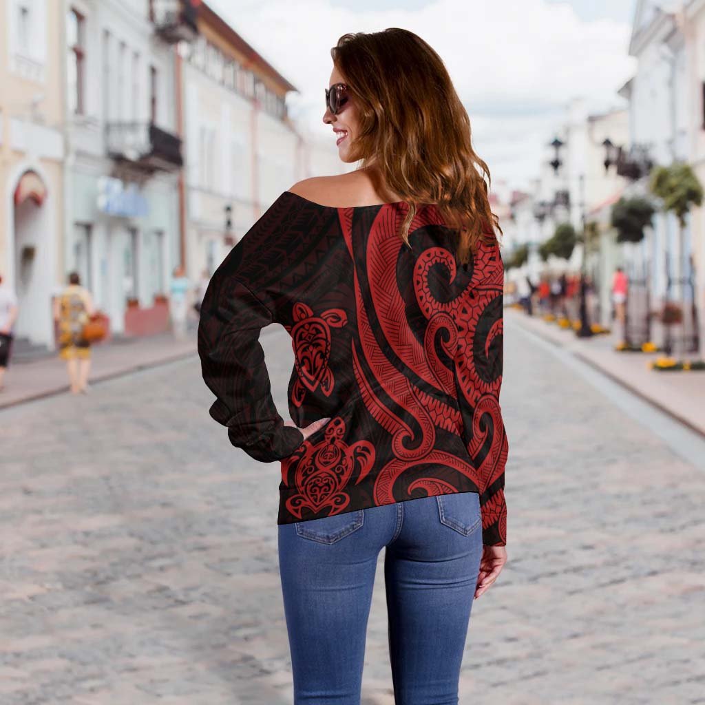 Tuvalu Women's Off Shoulder Sweater - Red Tentacle Turtle - Polynesian Pride