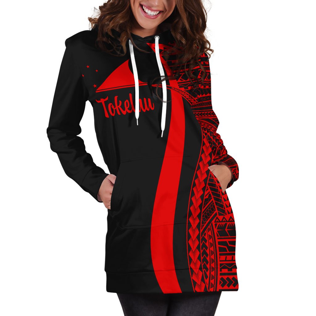 Tokelau Women's Hoodie Dress - Red Polynesian Tentacle Tribal Pattern - Polynesian Pride