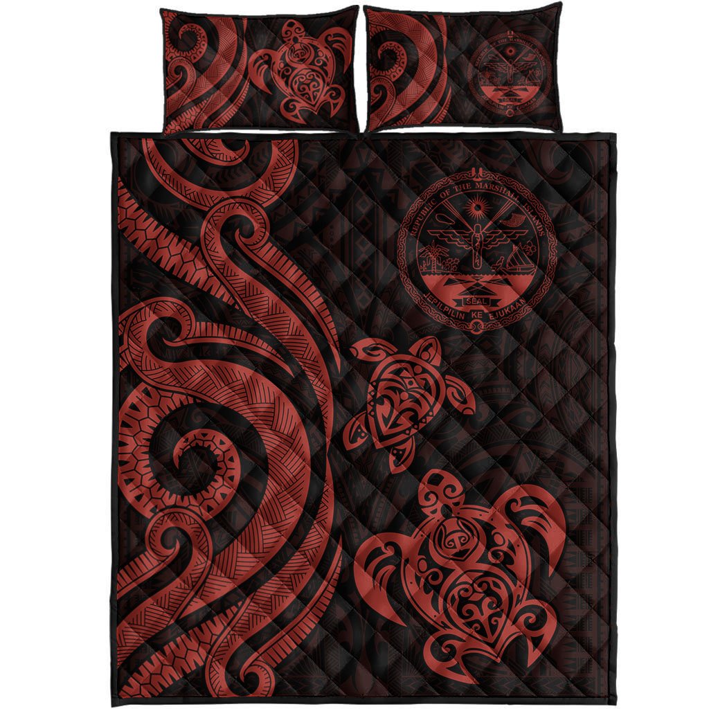 Marshall Islands Quilt Bed Set - Red Tentacle Turtle Crest - Polynesian Pride
