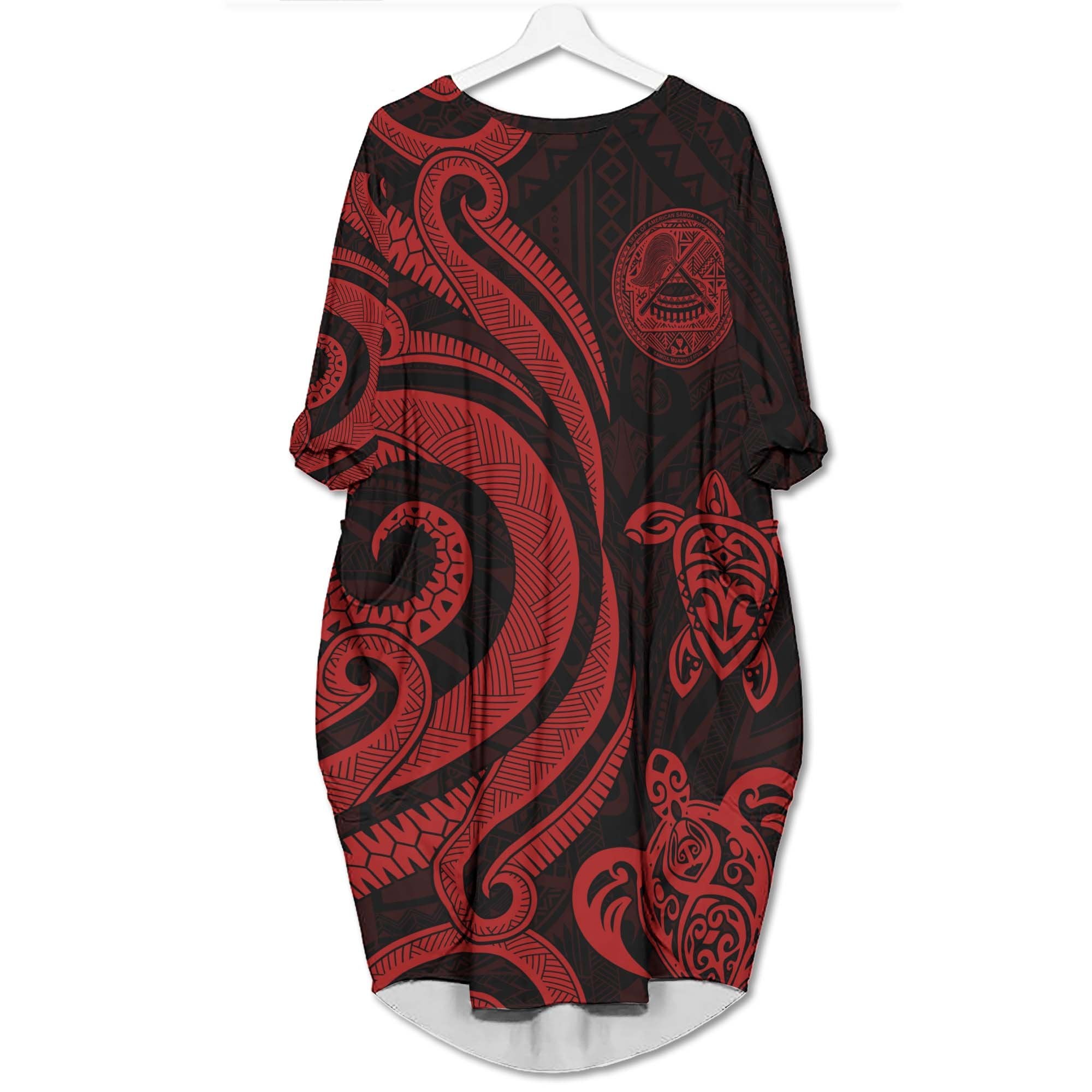 American Samoa Batwing Pocket Dress - Red Tentacle Turtle Women Red - Polynesian Pride