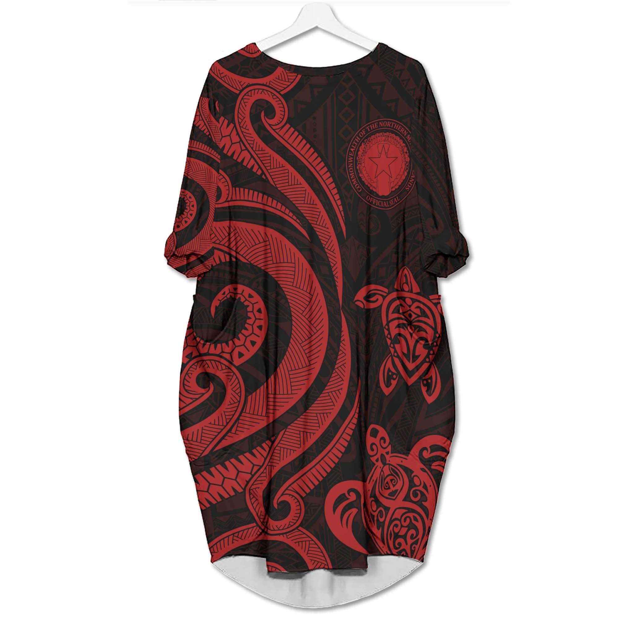 Northern Mariana Islands Batwing Pocket Dress - Red Tentacle Turtle Women Red - Polynesian Pride
