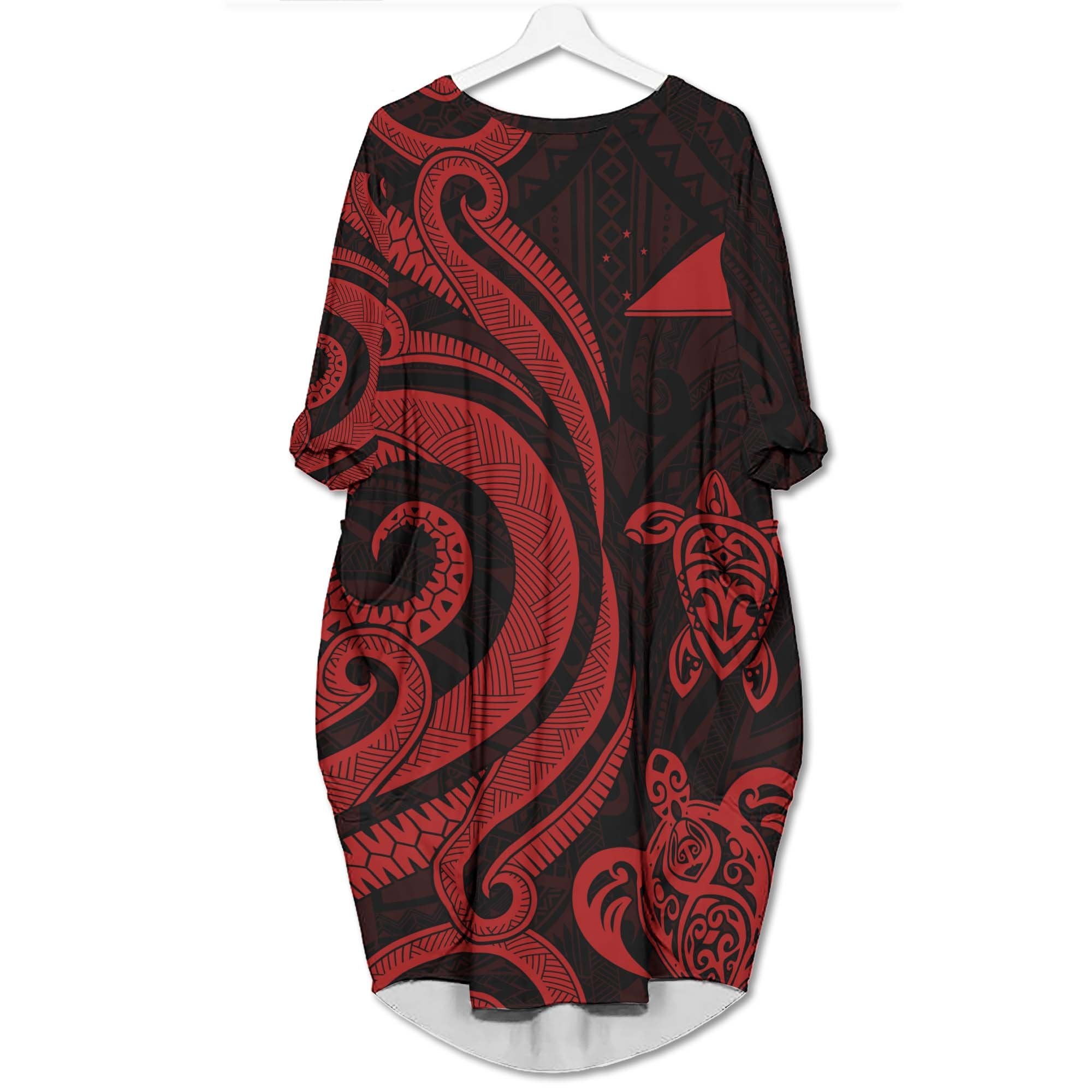 Tokelau Batwing Pocket Dress - Red Tentacle Turtle Women Red - Polynesian Pride
