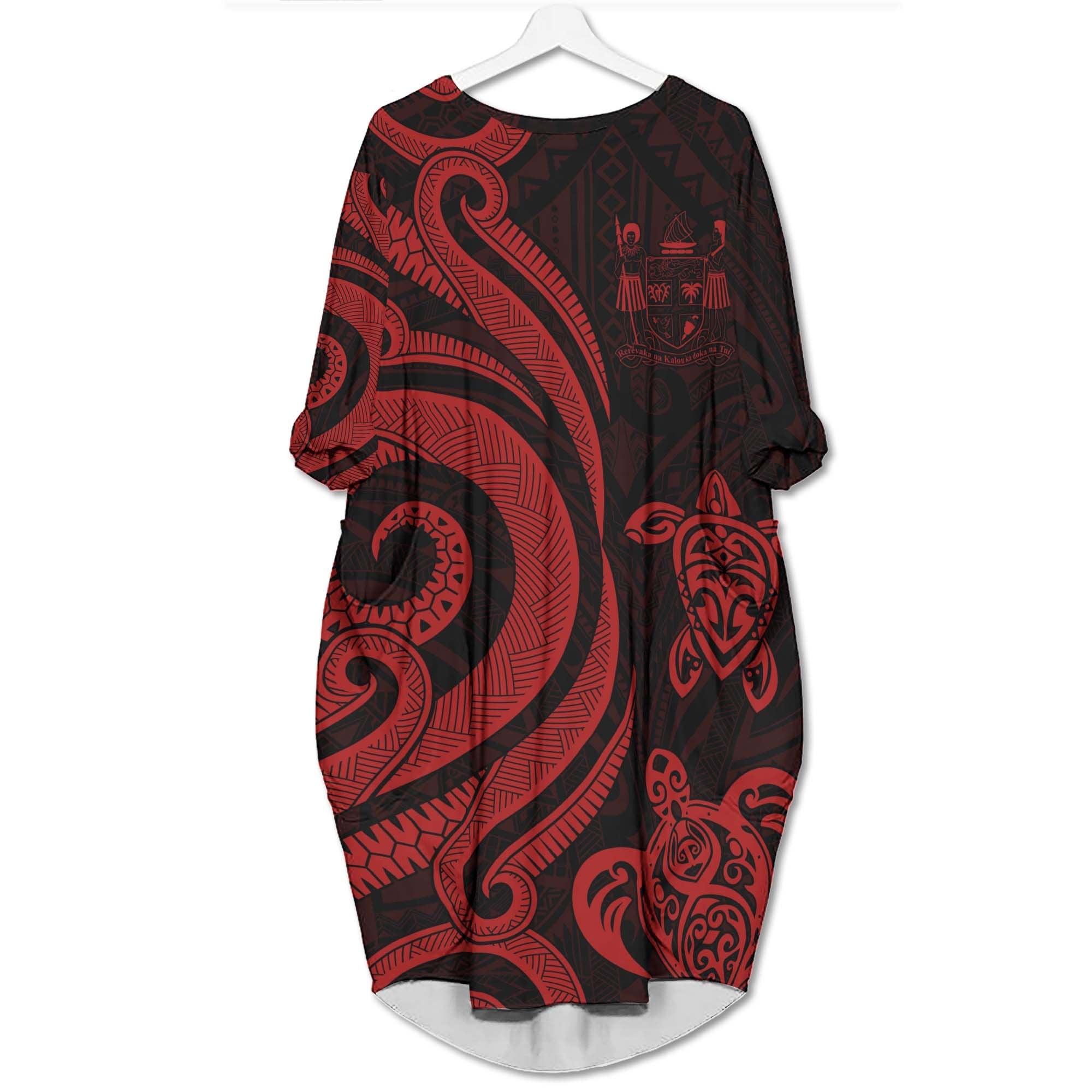 Fiji Batwing Pocket Dress - Red Tentacle Turtle Crest Women Red - Polynesian Pride