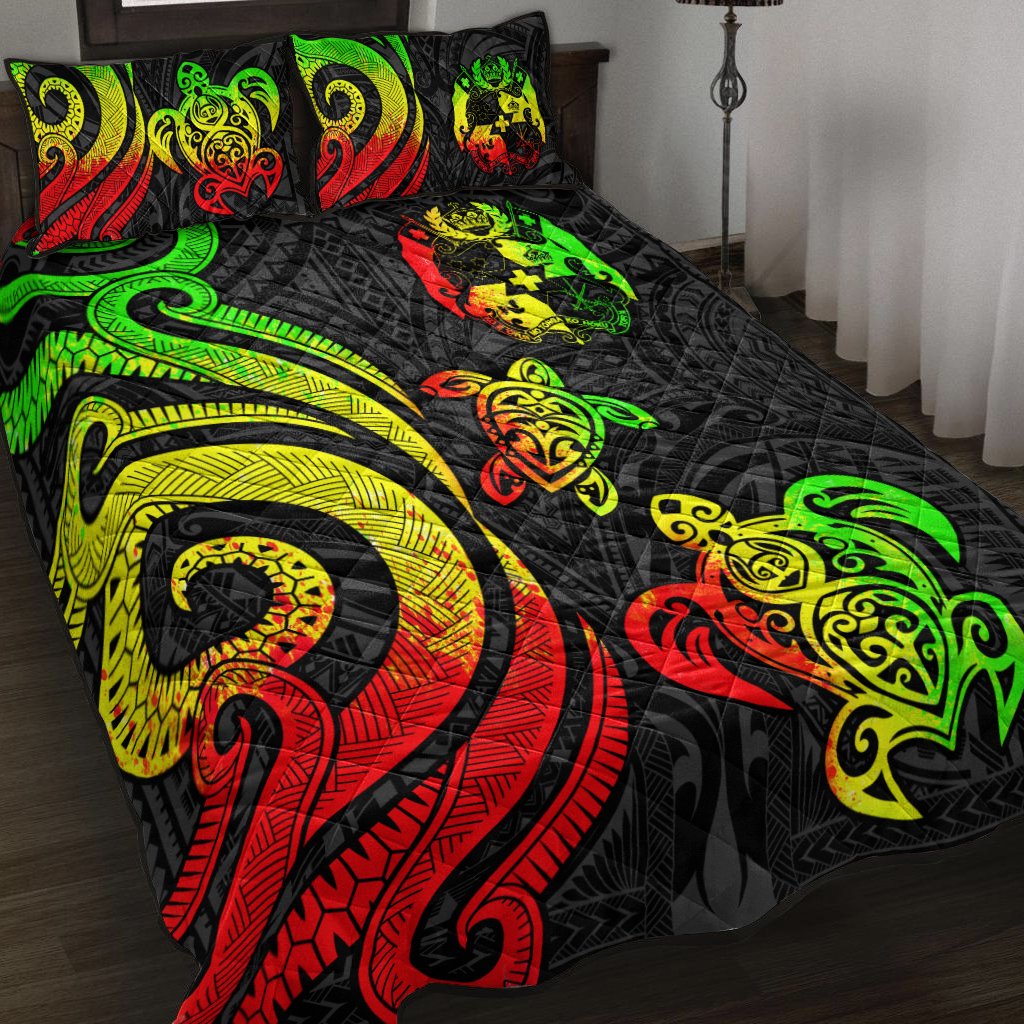 Tonga Quilt Bed Set - Reggae Tentacle Turtle Art - Polynesian Pride
