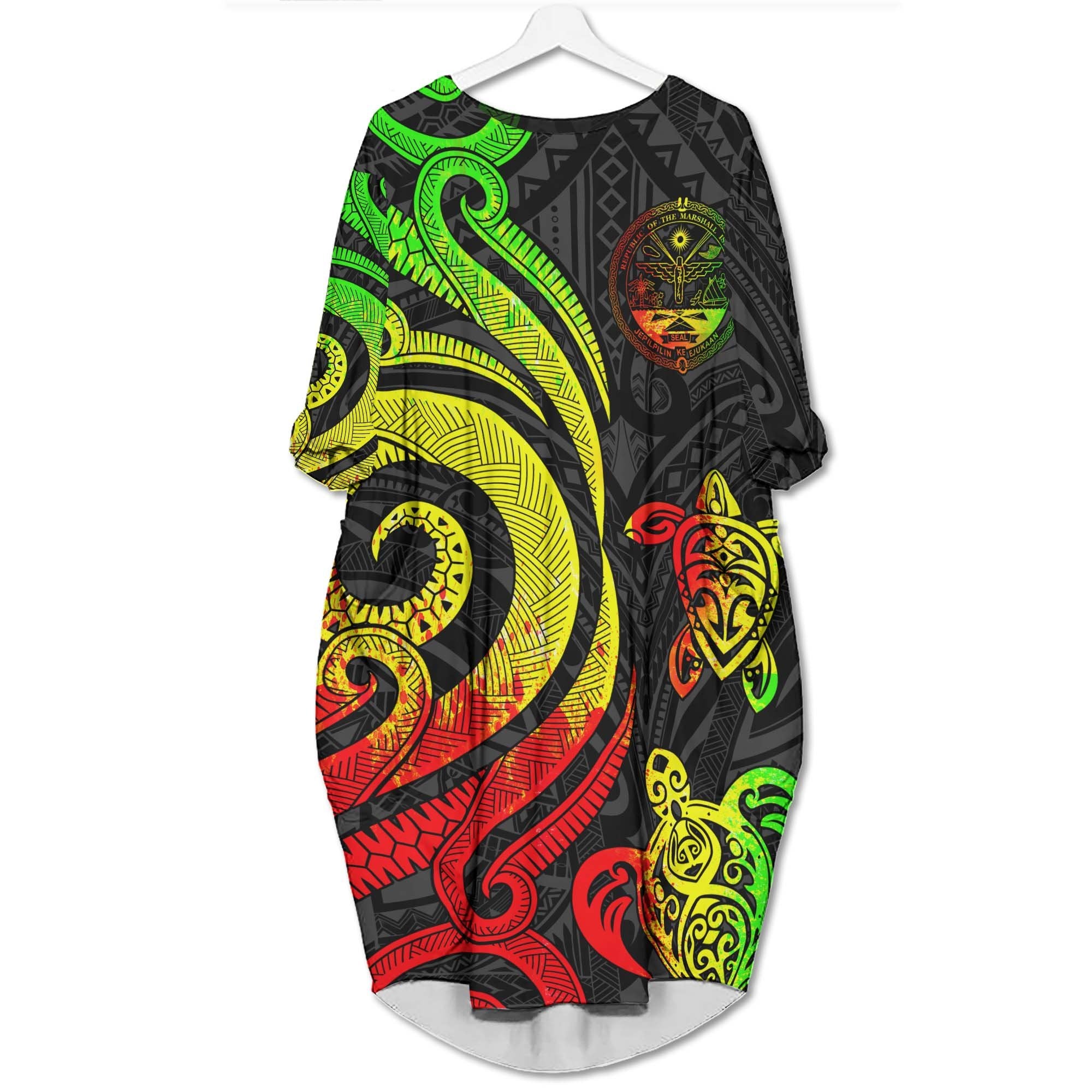 Marshall Islands Batwing Pocket Dress - Reggae Tentacle Turtle Crest Women Reggae - Polynesian Pride