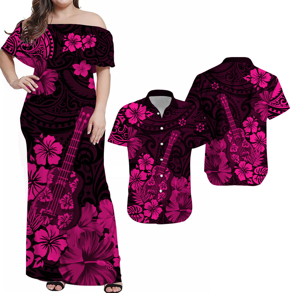 Hawaii Matching Dress and Hawaiian Shirt Polynesia Pink Ukulele Flowers LT13 Pink - Polynesian Pride