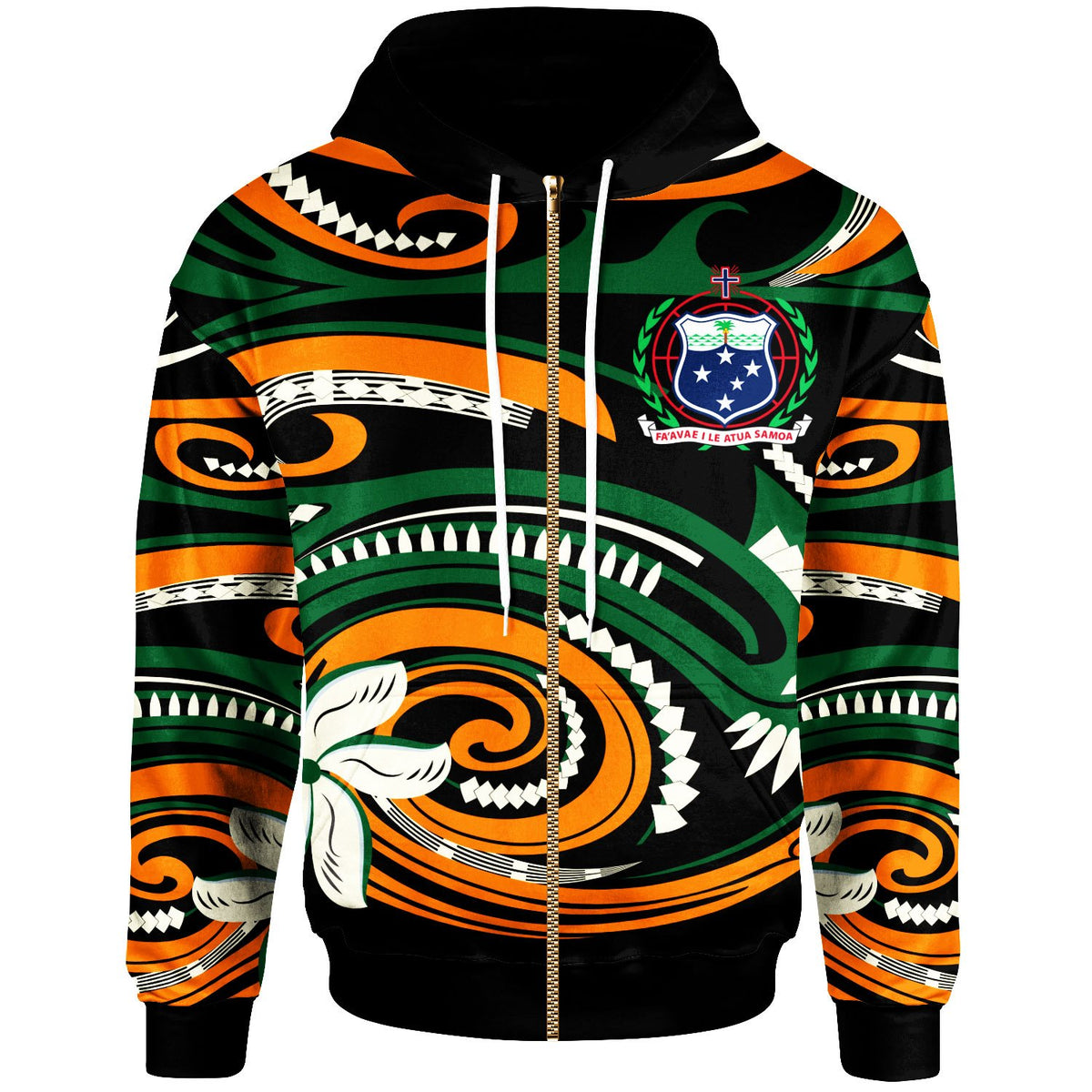 Samoa Zip Hoodie vortex Style Unisex Green Orange - Polynesian Pride