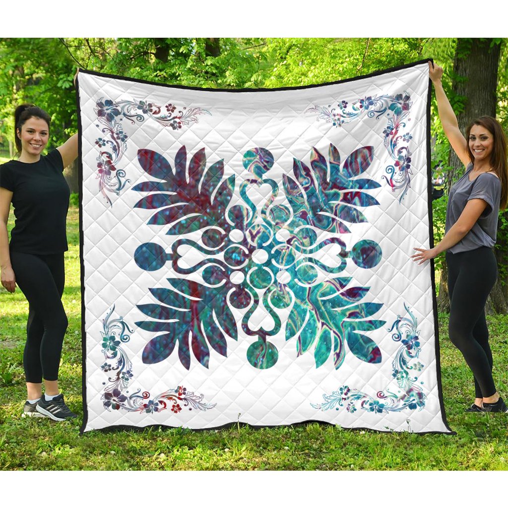 Hawaiian Quilt Maui Plant And Hibiscus Premium Quilt - Shell White - AH Art - Polynesian Pride