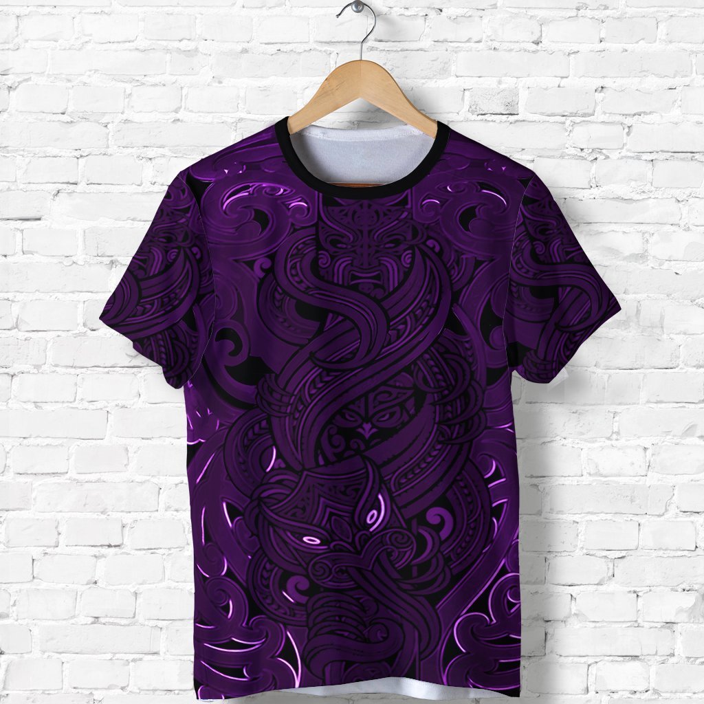 New Zealand Shirt, Maori Gods T Shirt, Tumatauenga (God of War) Purple Unisex Black - Polynesian Pride