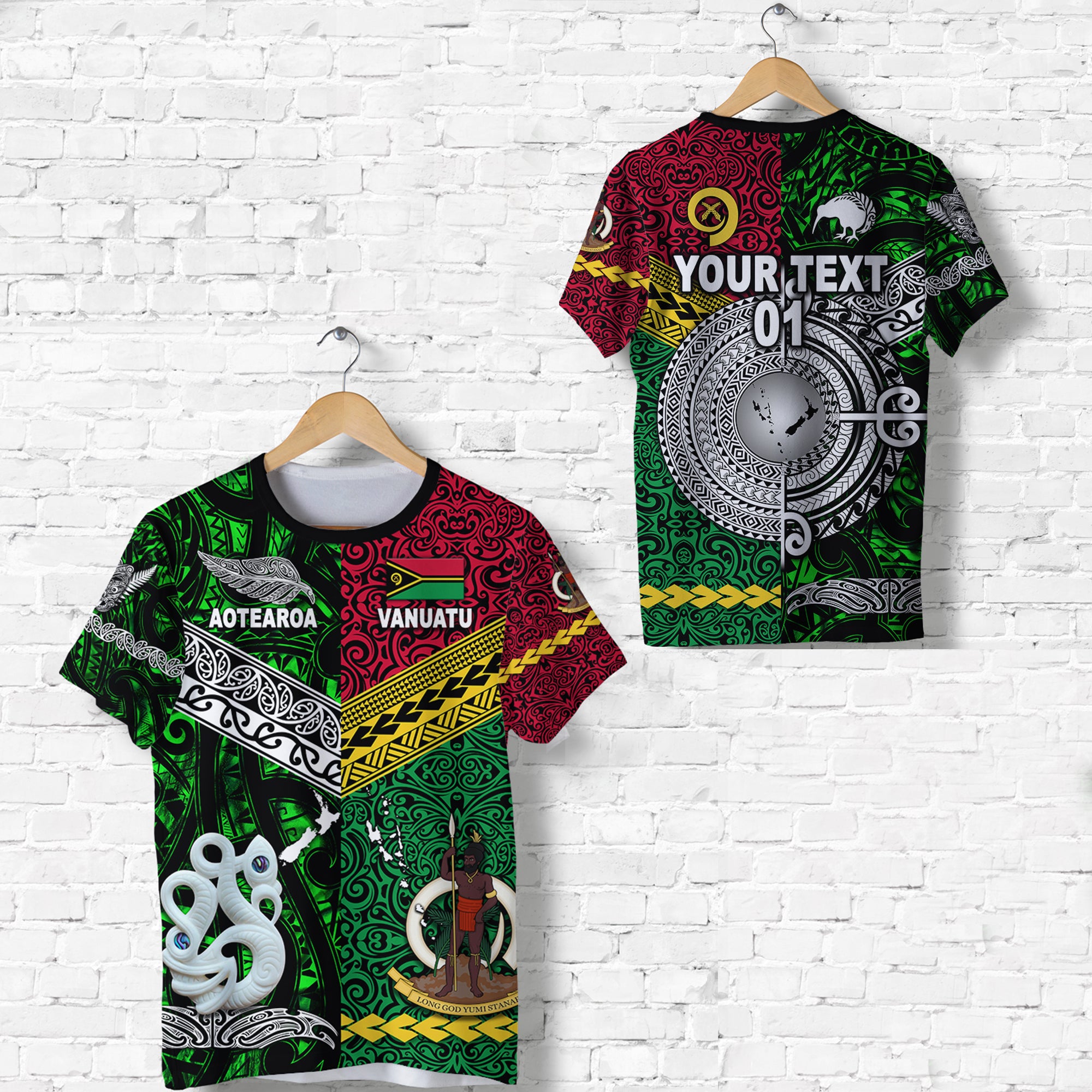 Custom Vanuatu New Zealand T Shirt Together Green, Custom Text and Number LT8 Unisex Red - Polynesian Pride