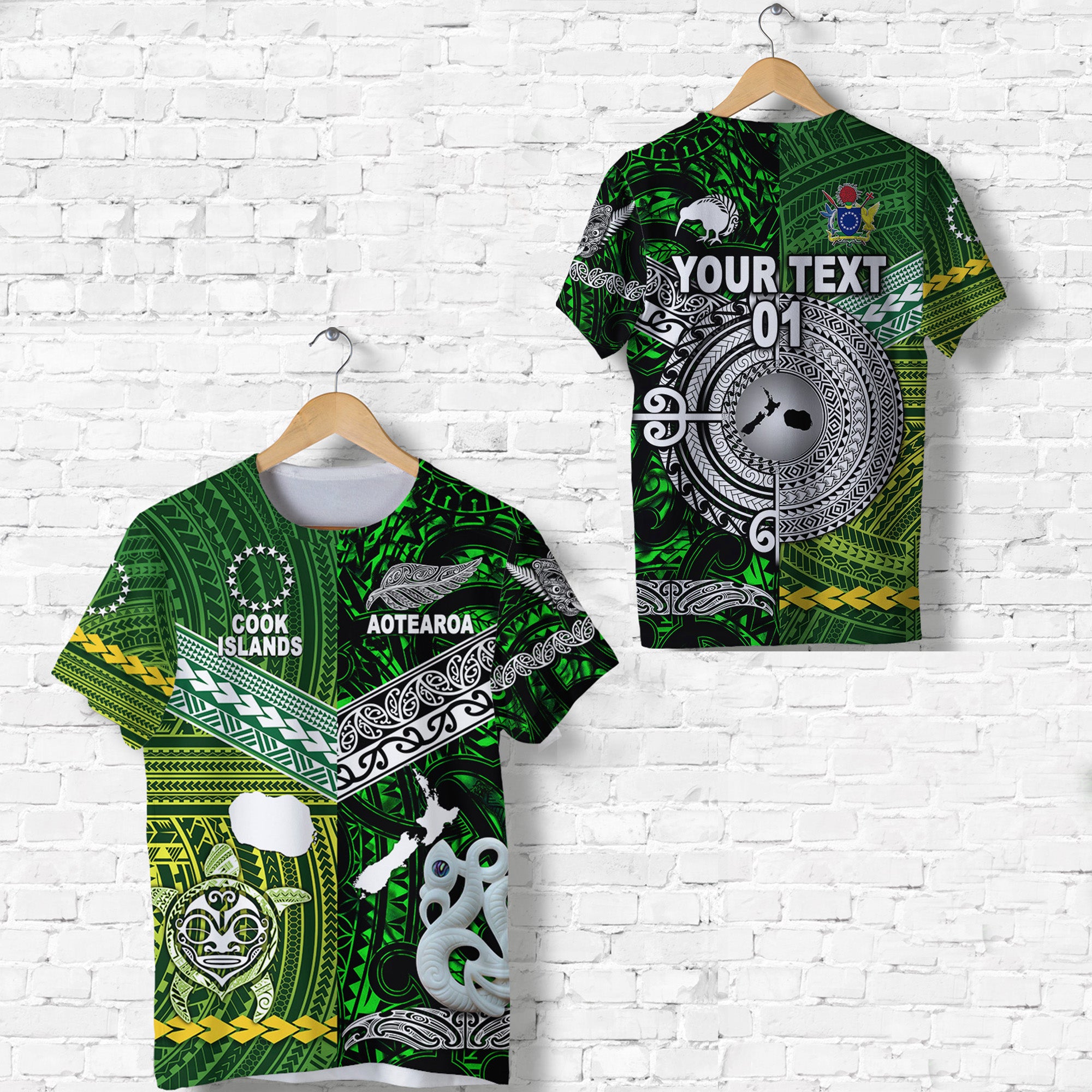 Custom New Zealand Maori Aotearoa T Shirt Cook Islands Together Green, Custom Text and Number LT8 Unisex Green - Polynesian Pride
