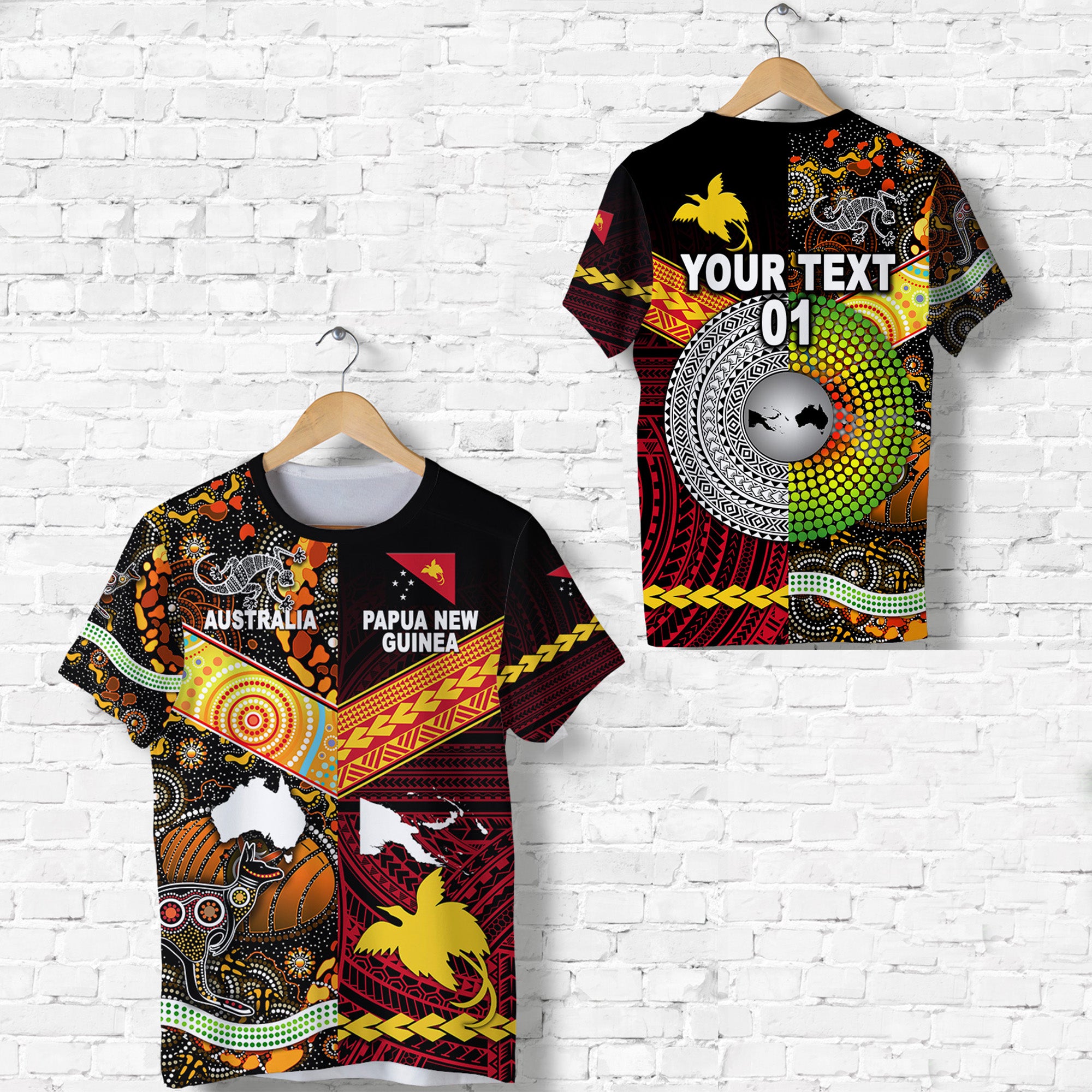 Custom Papua New Guinea and Australia Aboriginal T Shirt Together, Custom Text and Number LT8 Unisex Red - Polynesian Pride