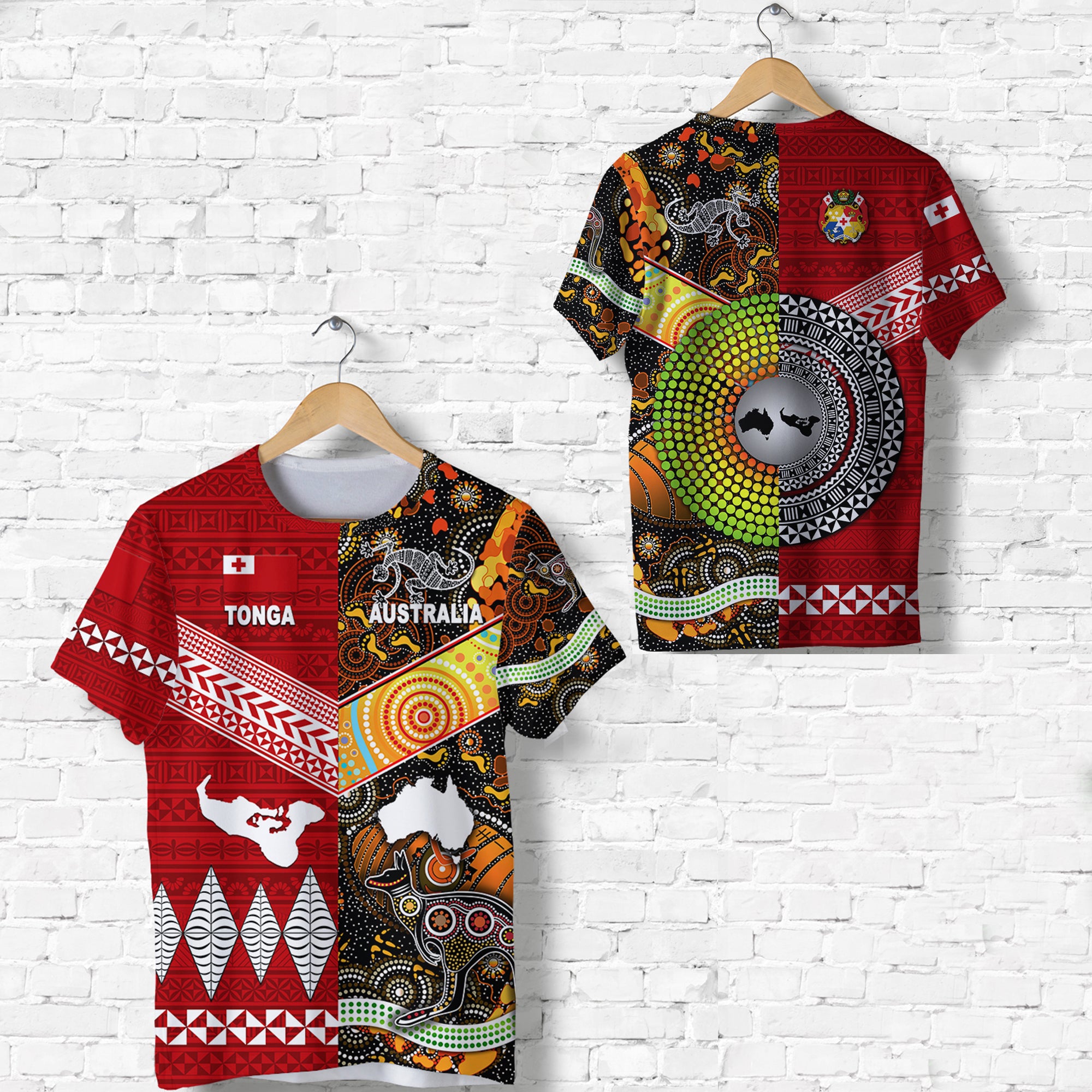 Tonga Ngatu and Australia Aboriginal T Shirt Together LT8 Unisex Red - Polynesian Pride