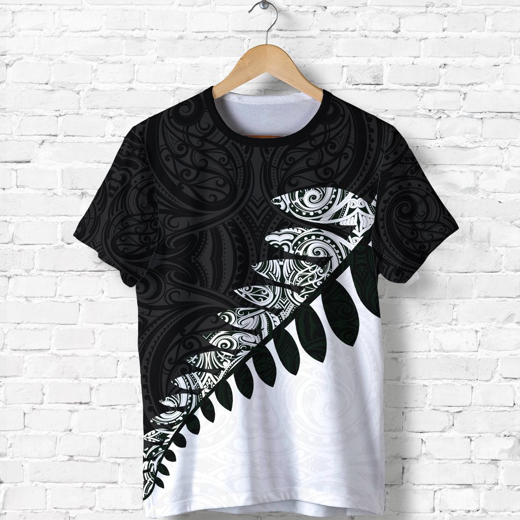 New Zealand T Shirt, Maori Silver Fern Black White Unisex Black - Polynesian Pride
