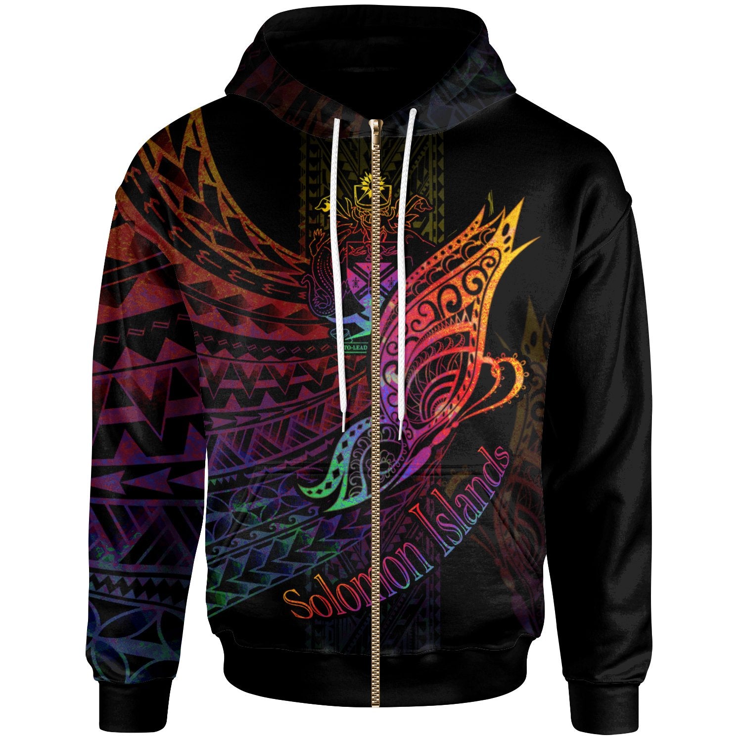 Solomon Islands Zip Hoodie Butterfly Polynesian Style Unisex Black - Polynesian Pride