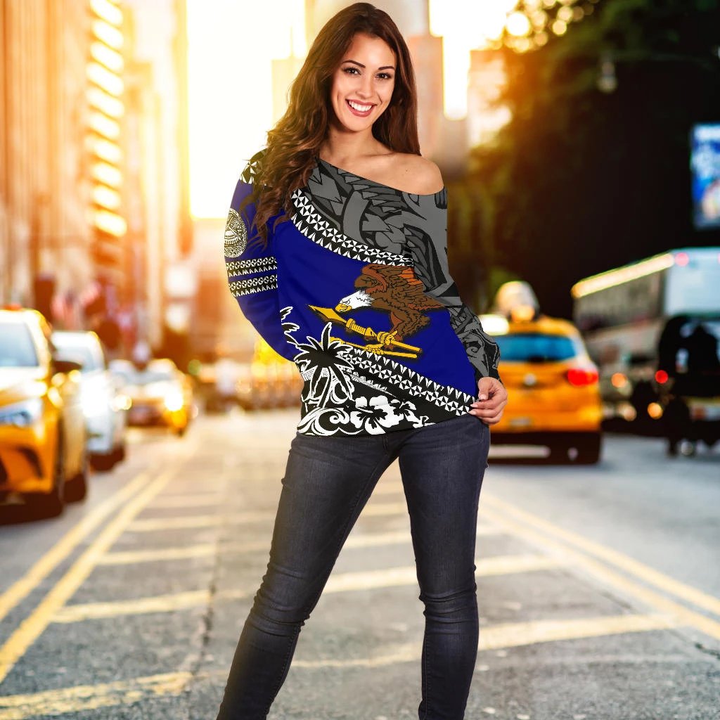 American Samoa Off Shoulder Sweater Fall In The Wave - Polynesian Pride