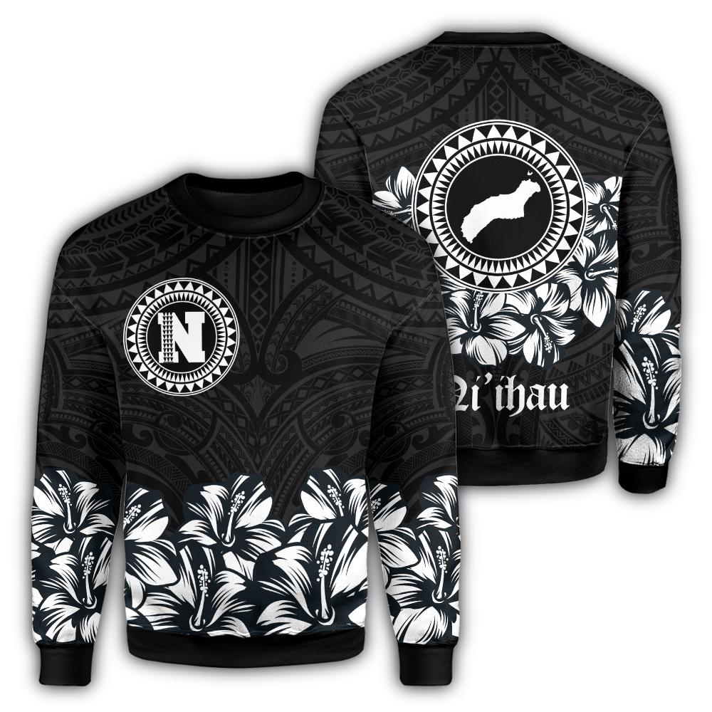 Niihau Map Hibiscus Polynesian Sweatshirt - Lithe Style - AH Unisex White - Polynesian Pride
