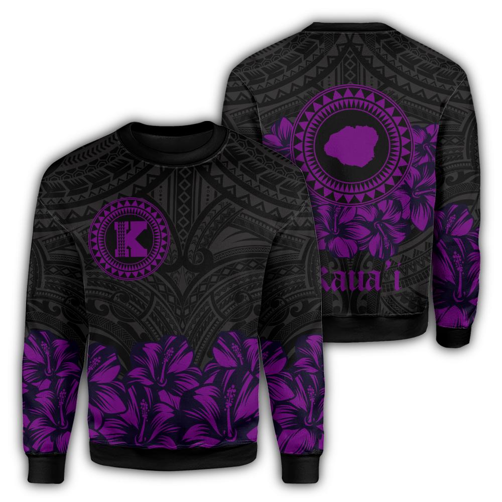 Kauai Map Hibiscus Polynesian Sweatshirt - Lithe Style - AH Unisex Purple - Polynesian Pride