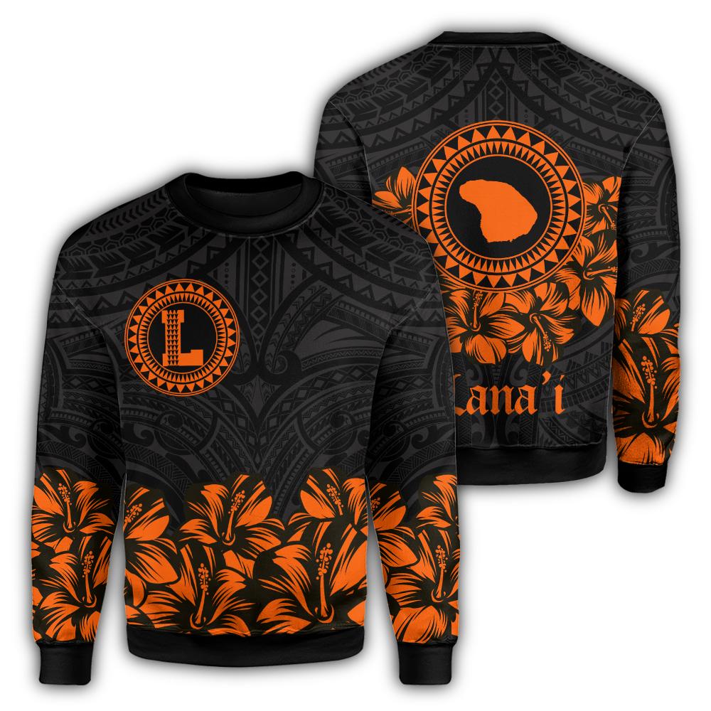 Lanai Map Hibiscus Polynesian Sweatshirt - Lithe Style - AH Unisex Orange - Polynesian Pride