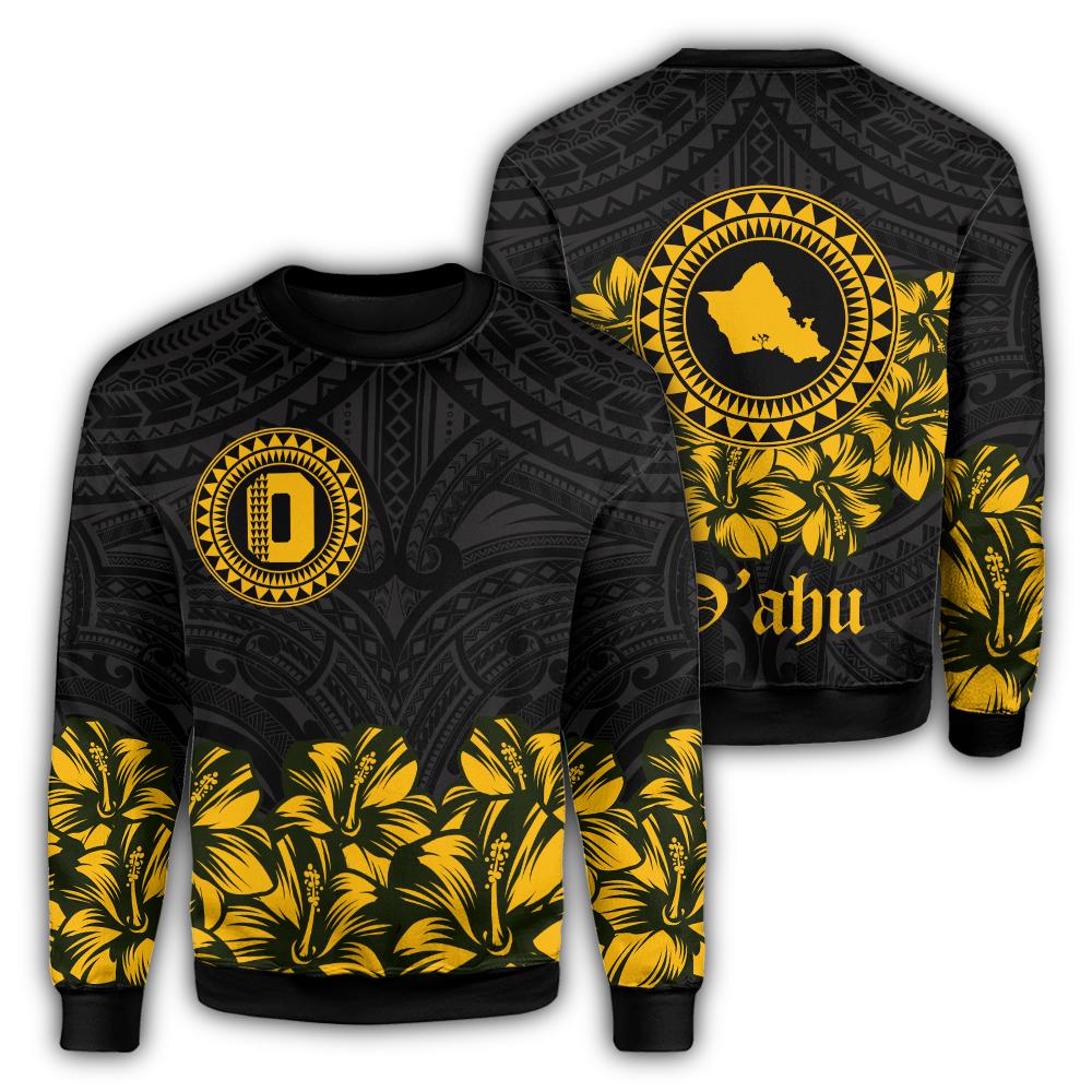 Oahu Map Hibiscus Polynesian Sweatshirt - Lithe Style - AH Unisex Yellow - Polynesian Pride