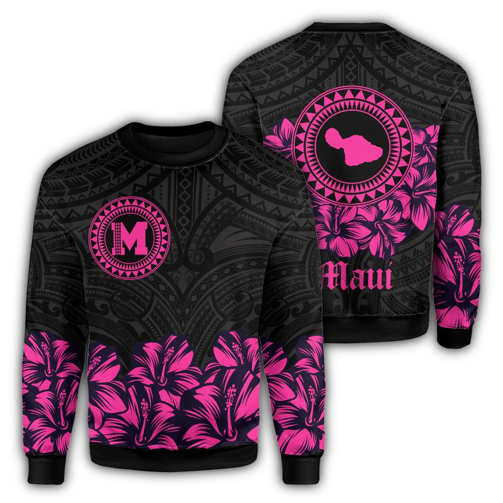 Maui Map Hibiscus Polynesian Sweatshirt - Lithe Style - AH Unisex Pink - Polynesian Pride
