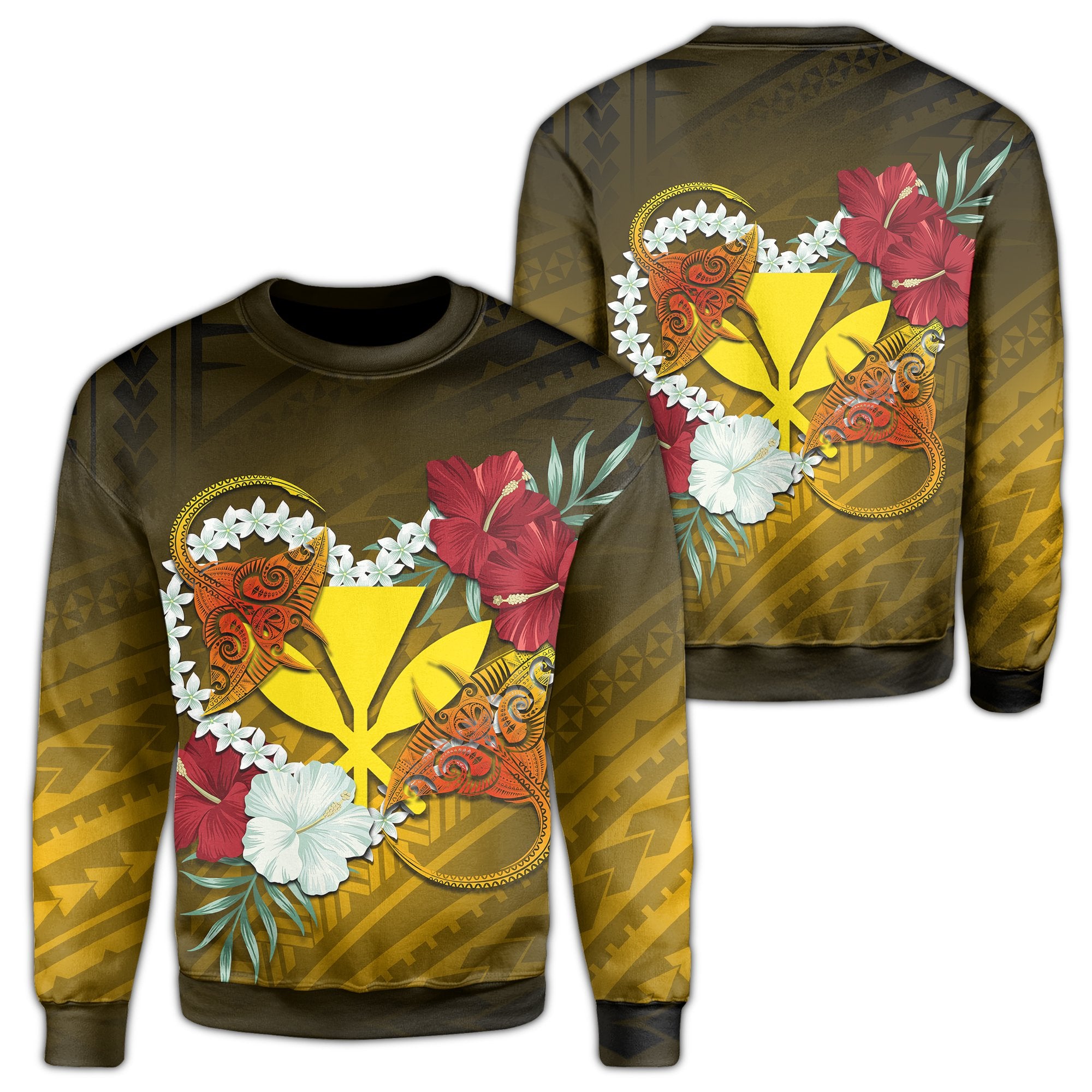 Kanaka Manta Ray Plumeria Heart Polynesian Sweatshirt - Sea Flower - AH Unisex Black - Polynesian Pride