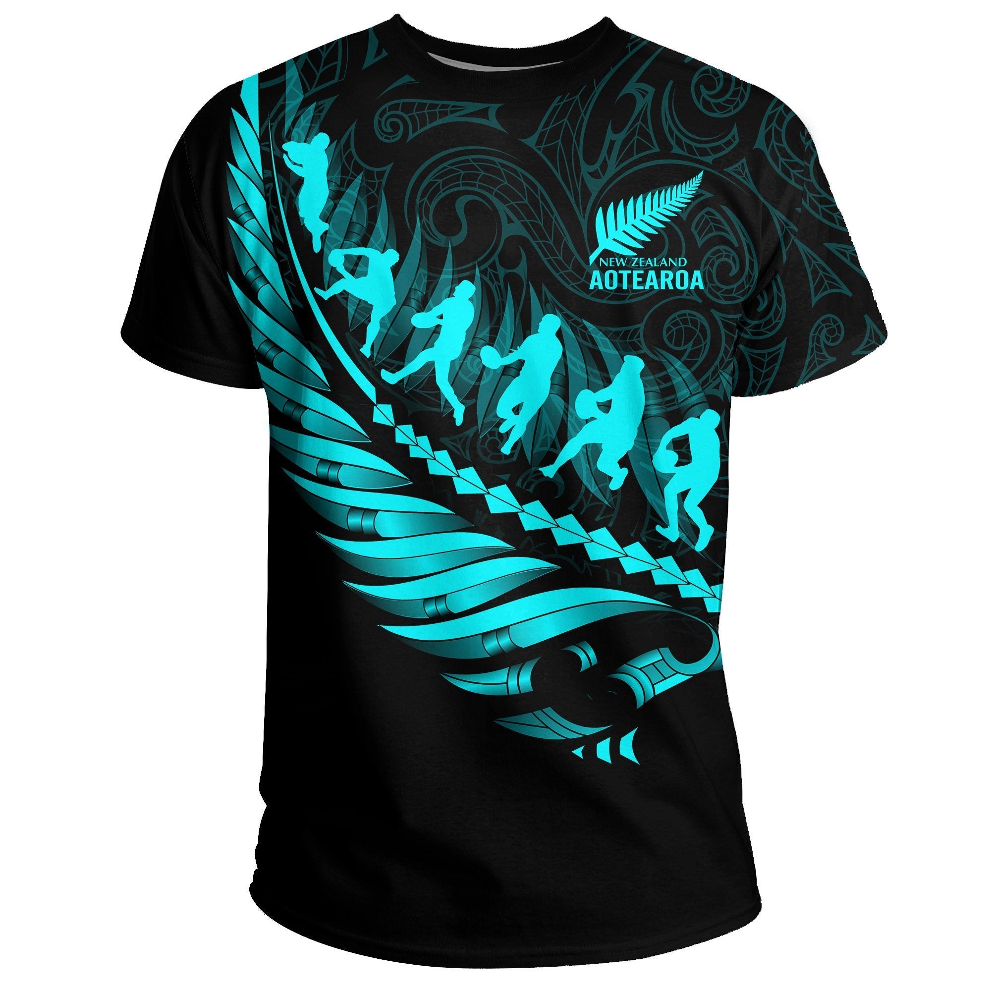Aotearoa New Zealand T Shirt Maori Fern Rugby Unisex Black - Polynesian Pride