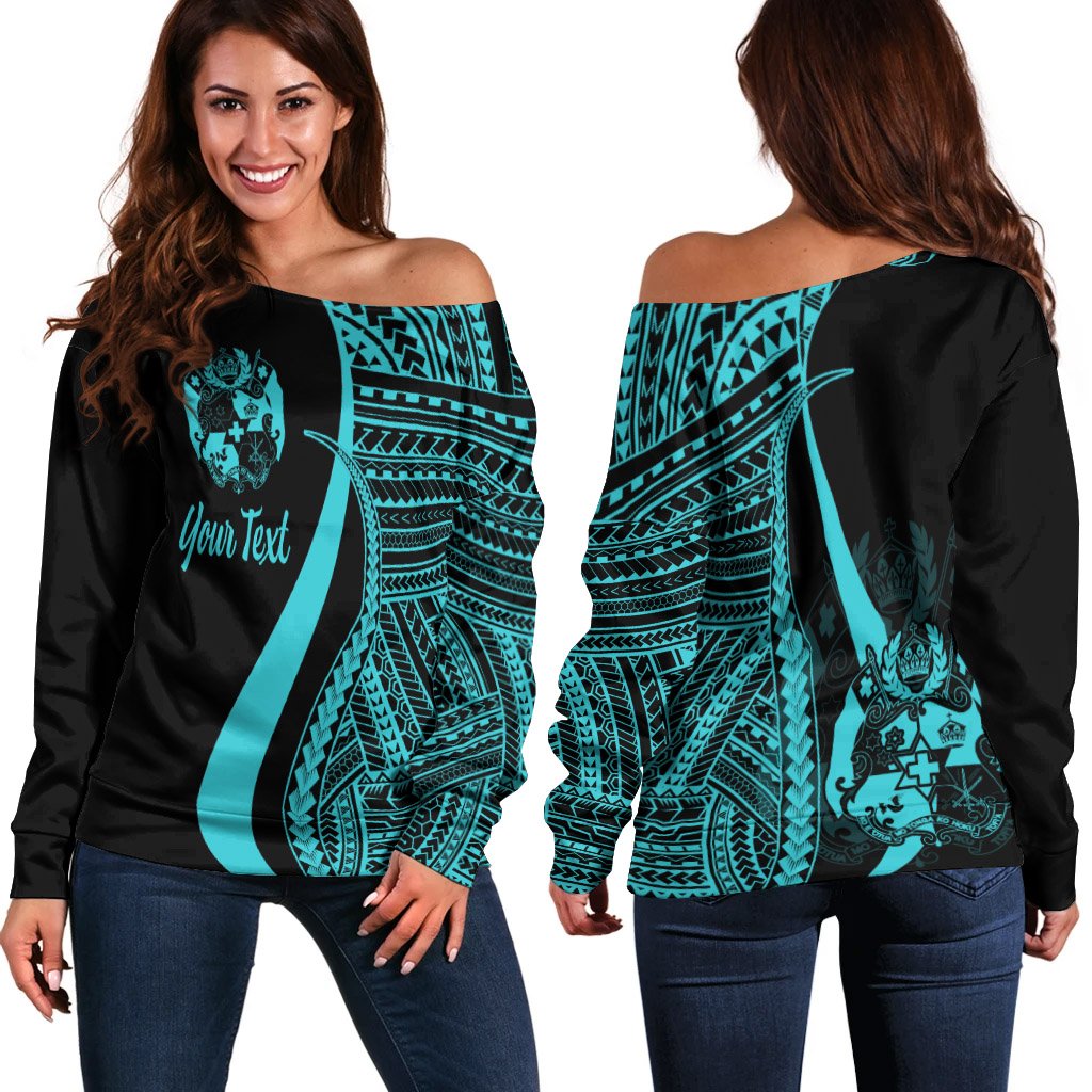 Tonga Custom Personalised Women's Off Shoulder Sweater - Turquoise Polynesian Tentacle Tribal Pattern Turquoise - Polynesian Pride