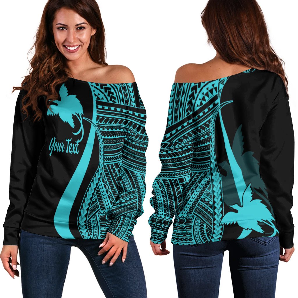 Papua New Guinea Custom Personalised Women's Off Shoulder Sweater - Turquoise Polynesian Tentacle Tribal Pattern Turquoise - Polynesian Pride