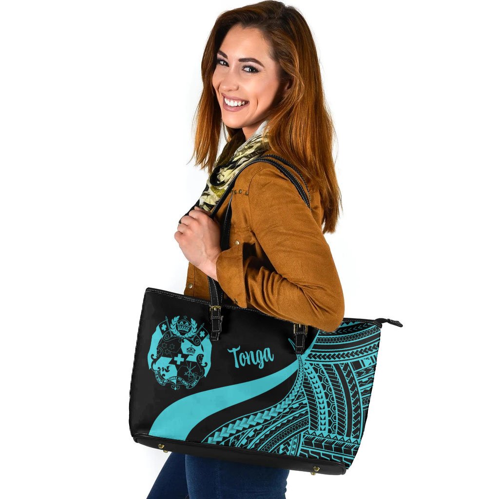 Tonga Large Leather Tote Bag - Turquoise Polynesian Tentacle Tribal Pattern Turquoise - Polynesian Pride