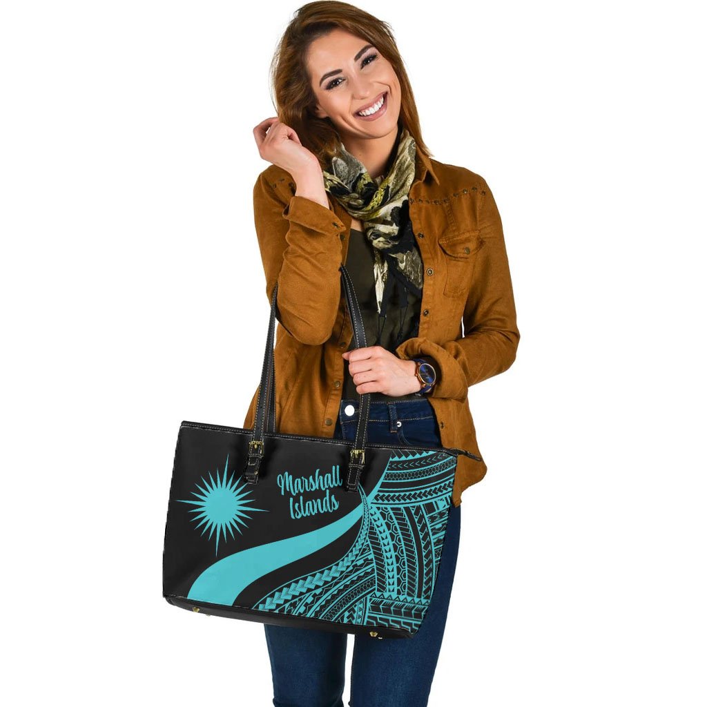 Marshall Islands Large Leather Tote Bag - Turquoise Polynesian Tentacle Tribal Pattern - Polynesian Pride
