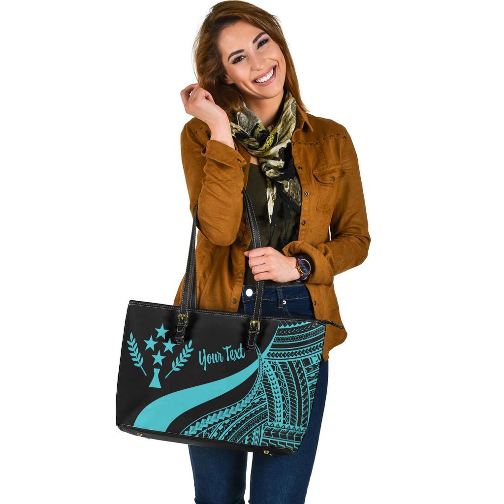 Kosrae Custom Personalised Large Leather Tote Bag - Turquoise Polynesian Tentacle Tribal Pattern - Polynesian Pride