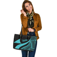 Tokelau Large Leather Tote Bag - Turquoise Polynesian Tentacle Tribal Pattern - Polynesian Pride