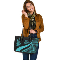 New Caledonia Large Leather Tote Bag - Turquoise Polynesian Tentacle Tribal Pattern Crest - Polynesian Pride