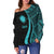Nauru Women's Off Shoulder Sweater - Turquoise Polynesian Tentacle Tribal Pattern - Polynesian Pride