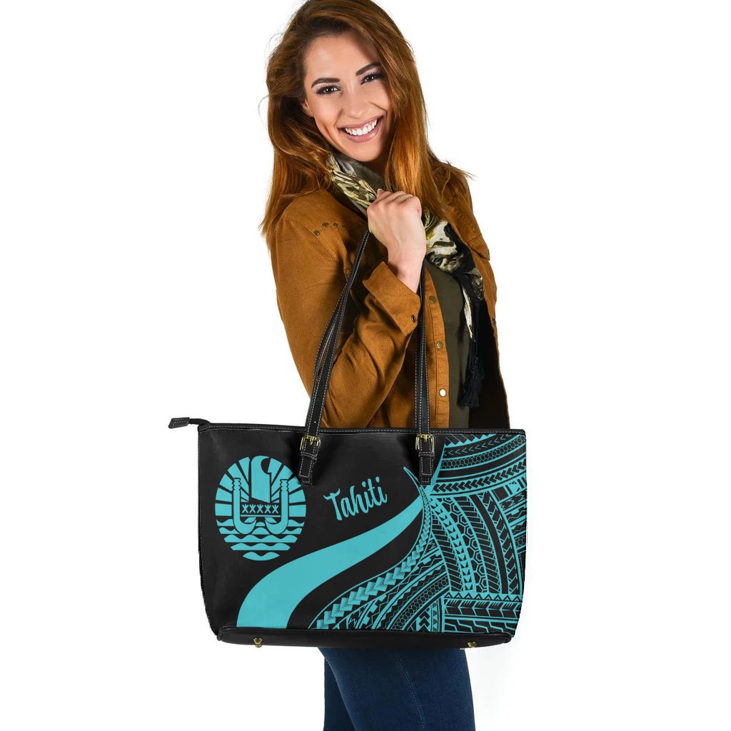 Tahiti Large Leather Tote Bag - Turquoise Polynesian Tentacle Tribal Pattern - Polynesian Pride