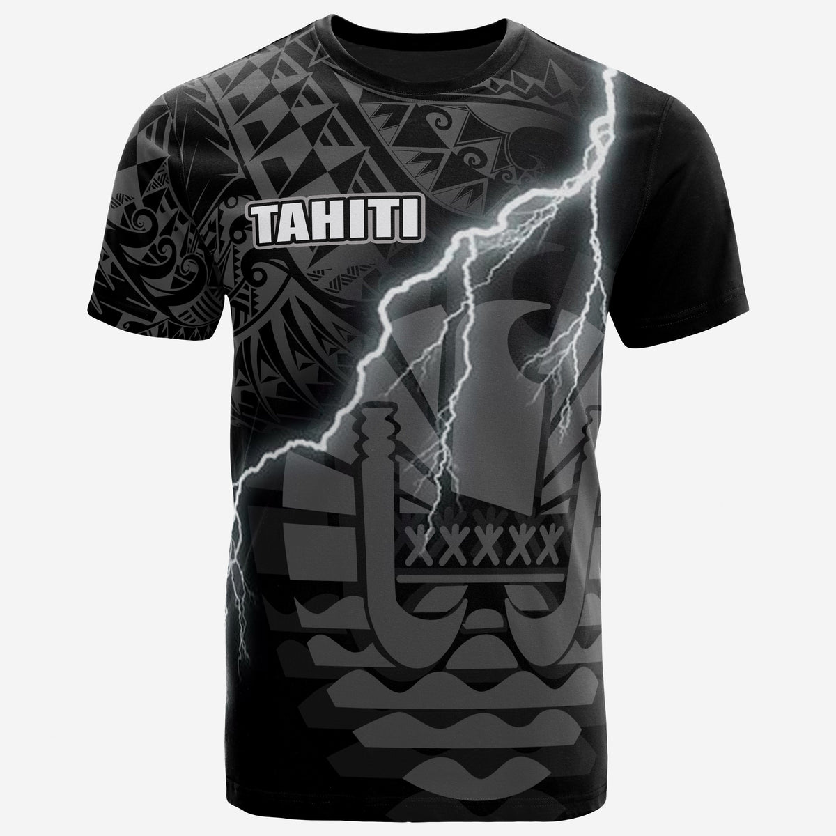 Tahiti T Shirt Tahiti Flag Lighting Thunder Unisex Black - Polynesian Pride
