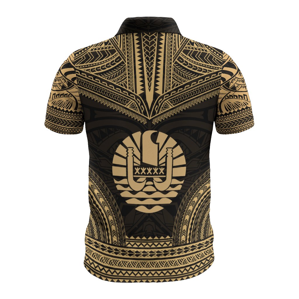 Tahiti Polo Shirt Tahitian Flag Polynesian Chief Tattoo Gold Version - Polynesian Pride