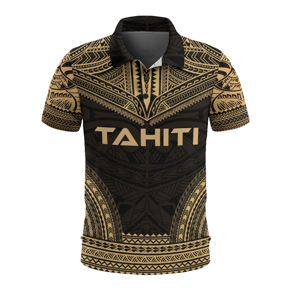 Tahiti Polo Shirt Tahitian Flag Polynesian Chief Tattoo Gold Version Unisex Gold - Polynesian Pride