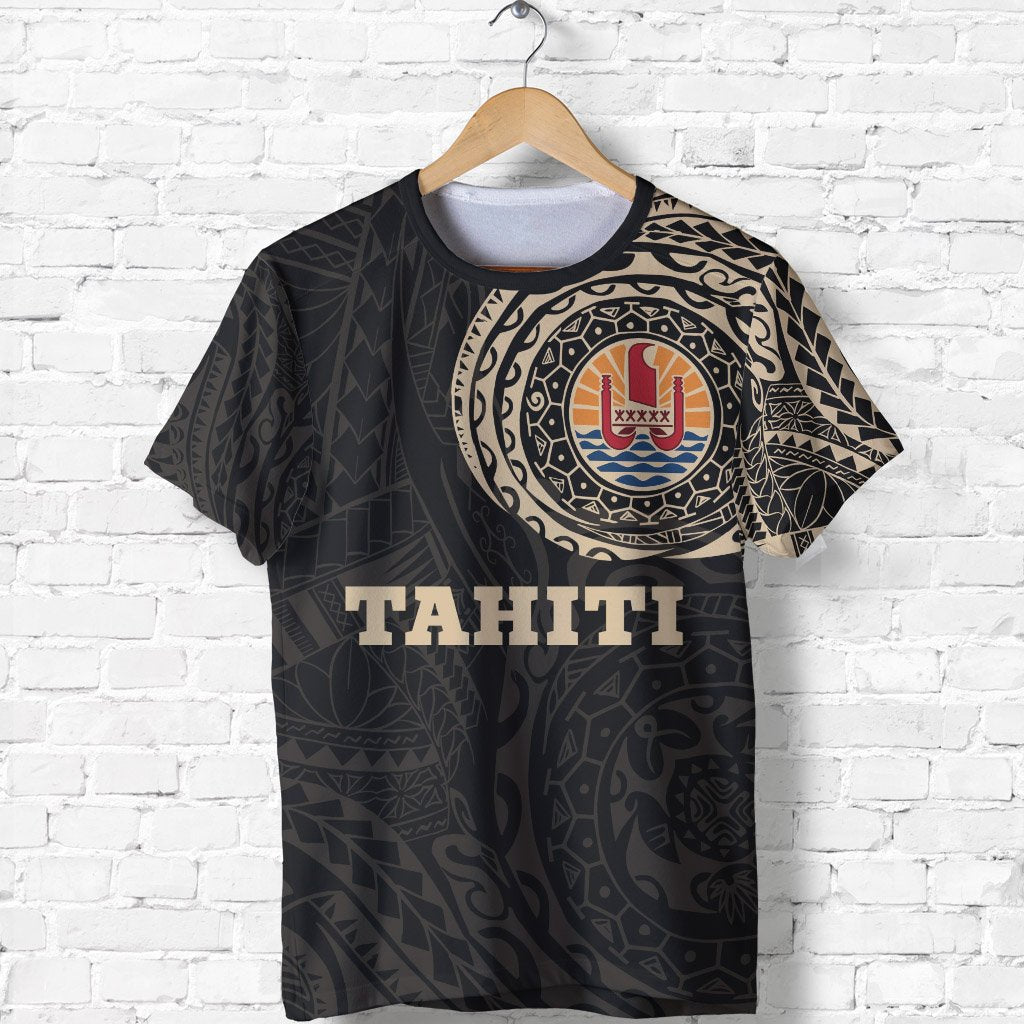 Tahiti T Shirt Tahiti Flag Polynesian Tattoo Style Unisex Black-Gold - Polynesian Pride