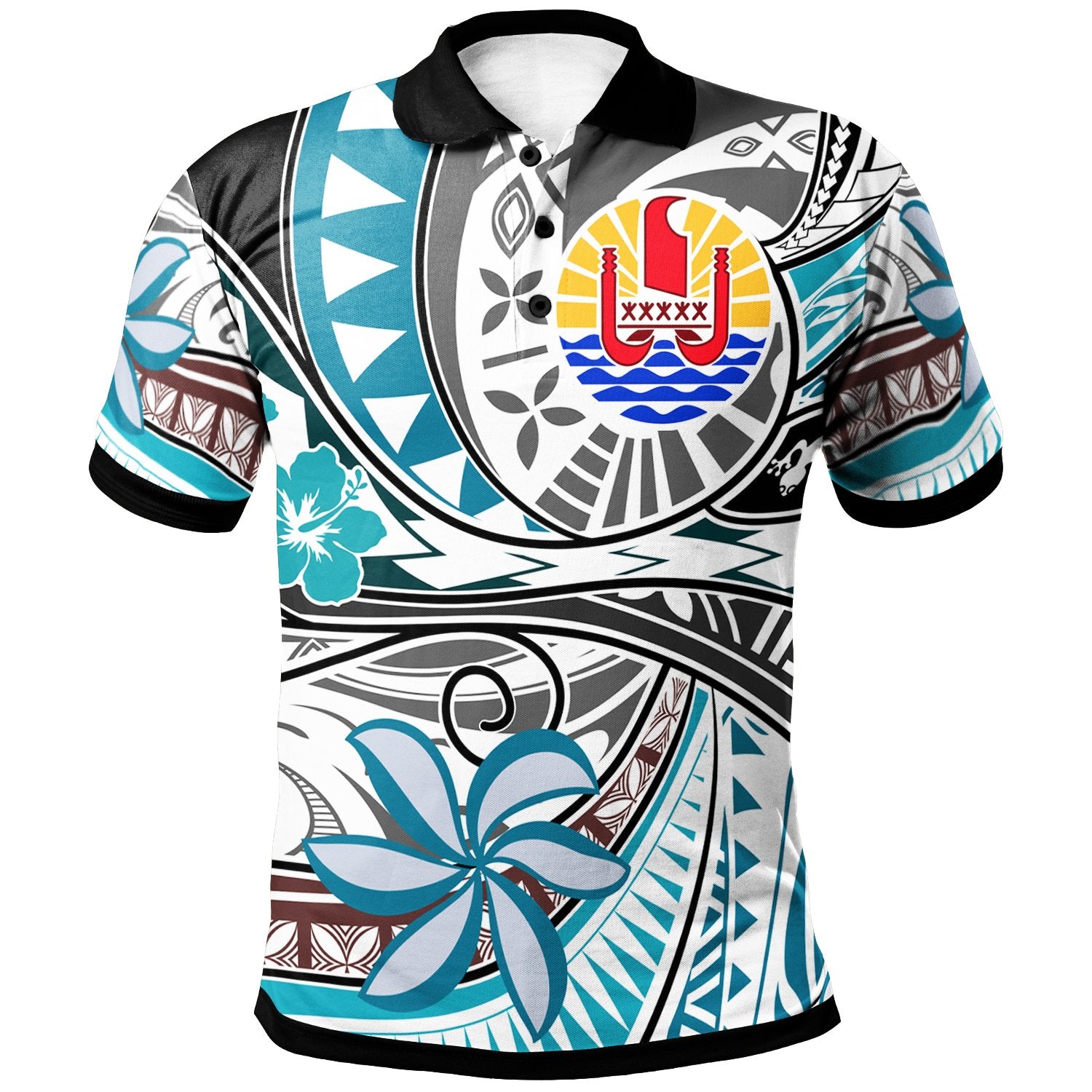 Tahiti Polo Shirt Flower and Flow Unisex Blue - Polynesian Pride