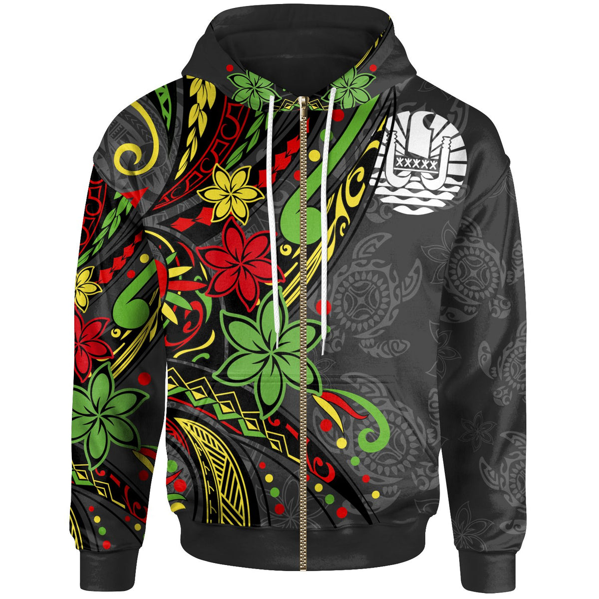 Tahiti Zip Hoodie Tribal Flower With Special Turtles Unisex Black - Polynesian Pride