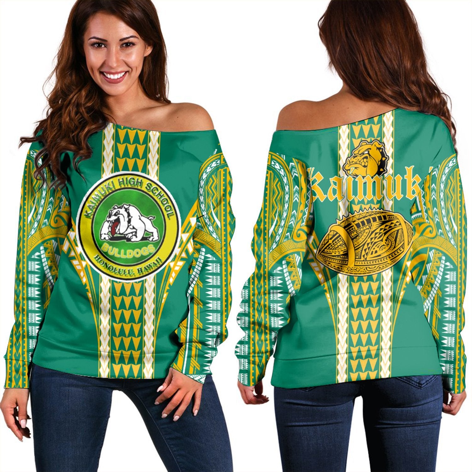 Hawaii - Kaimuki High Football Jersey Women's Off Shoulder Sweater - AH Green - Polynesian Pride