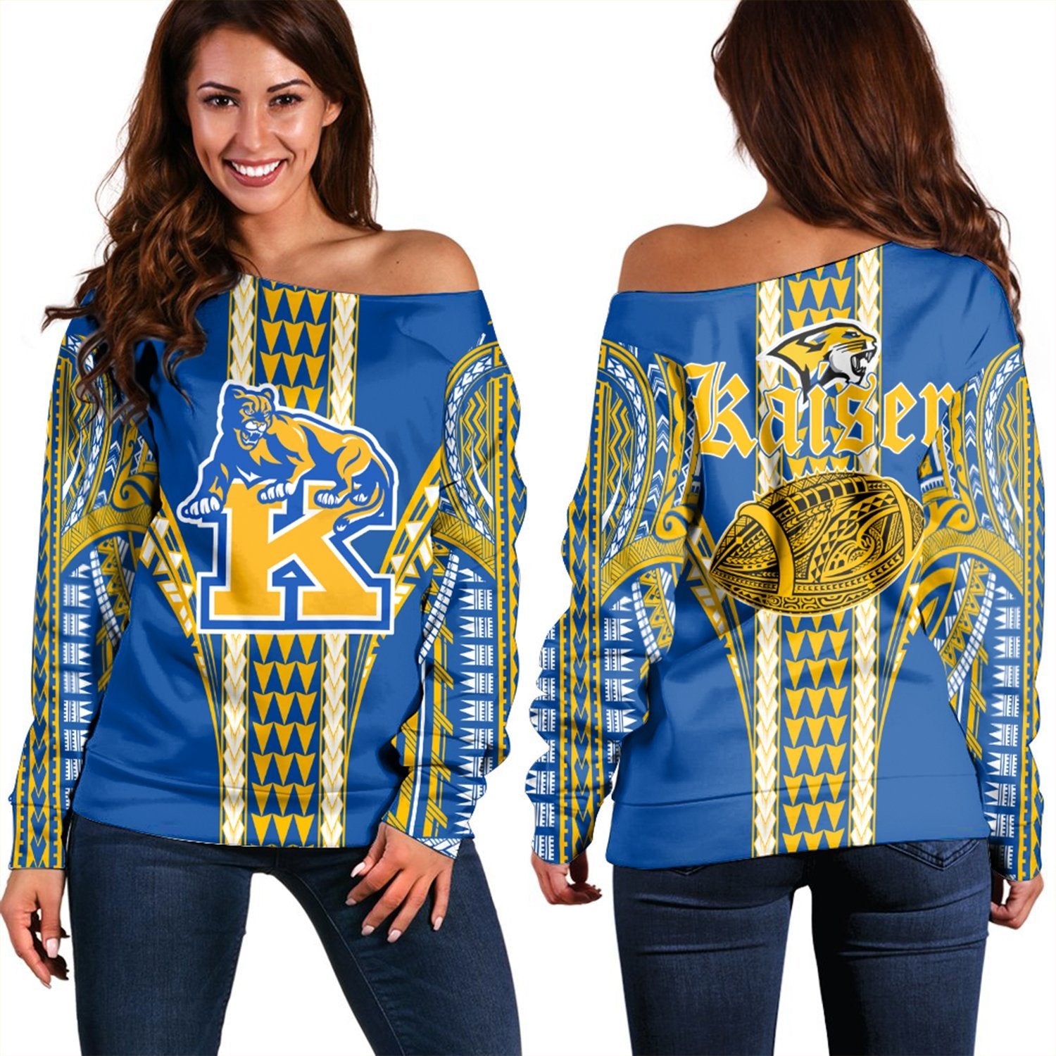Hawaii - Kaiser High Football Jersey Women's Off Shoulder Sweater - AH Blue - Polynesian Pride