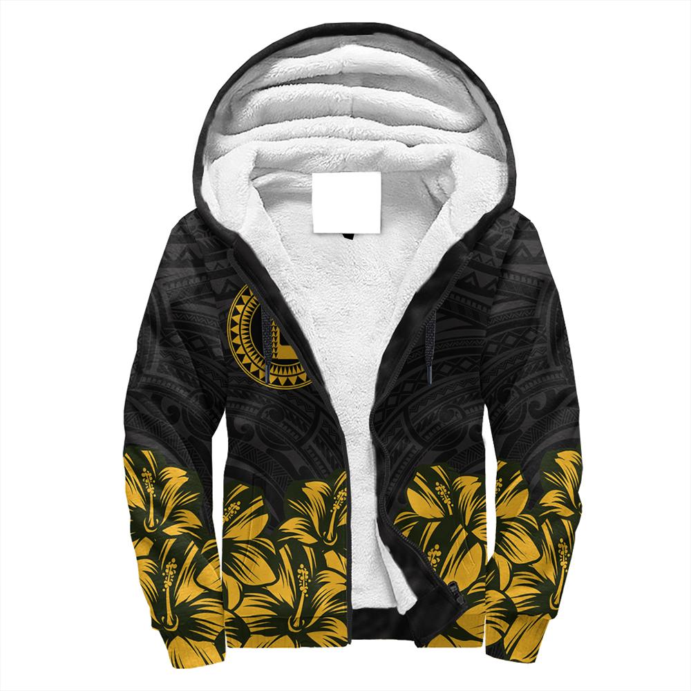 Oahu Map Hibiscus Polynesian Sherpa Hoodie - Lithe Style - AH Yellow - Polynesian Pride