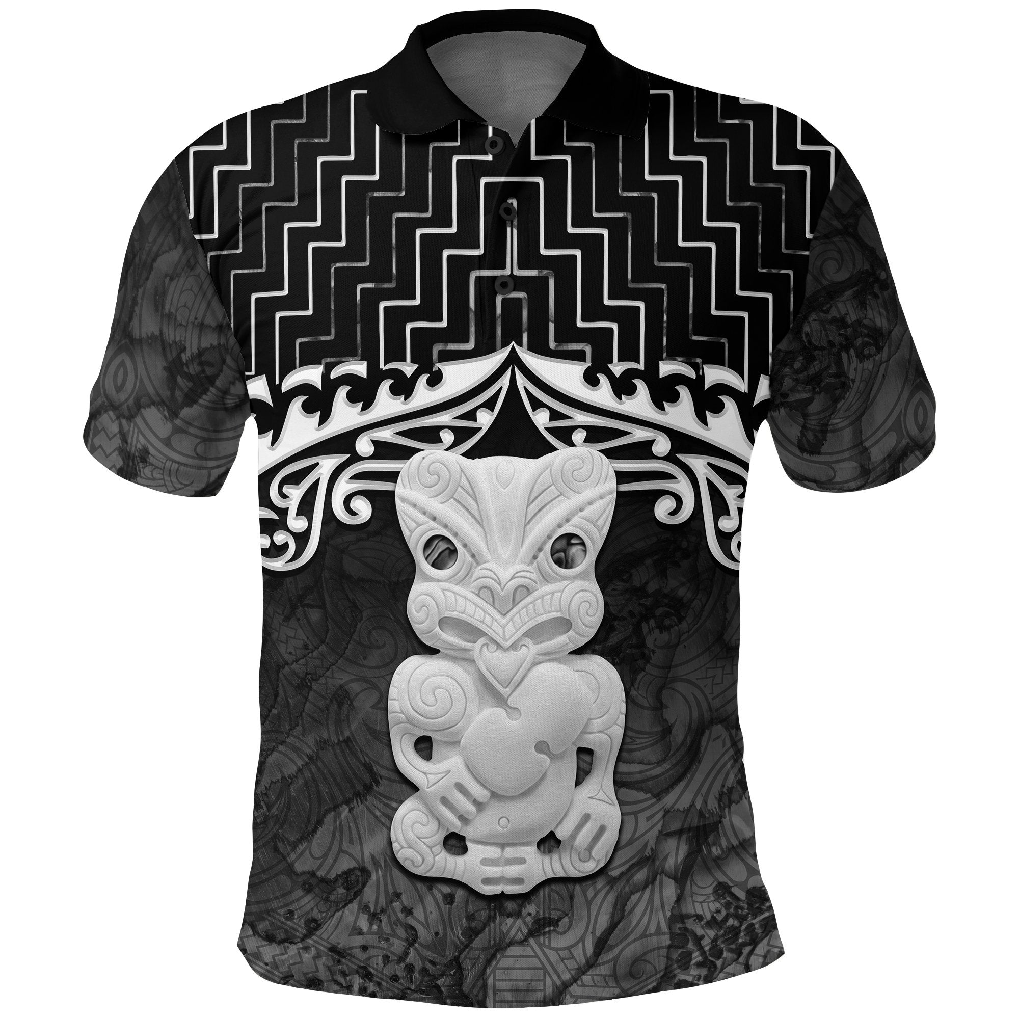 New Zealand Maori Polo Shirt, Poutama Hei Tiki Golf Shirt Black Unisex Black - Polynesian Pride